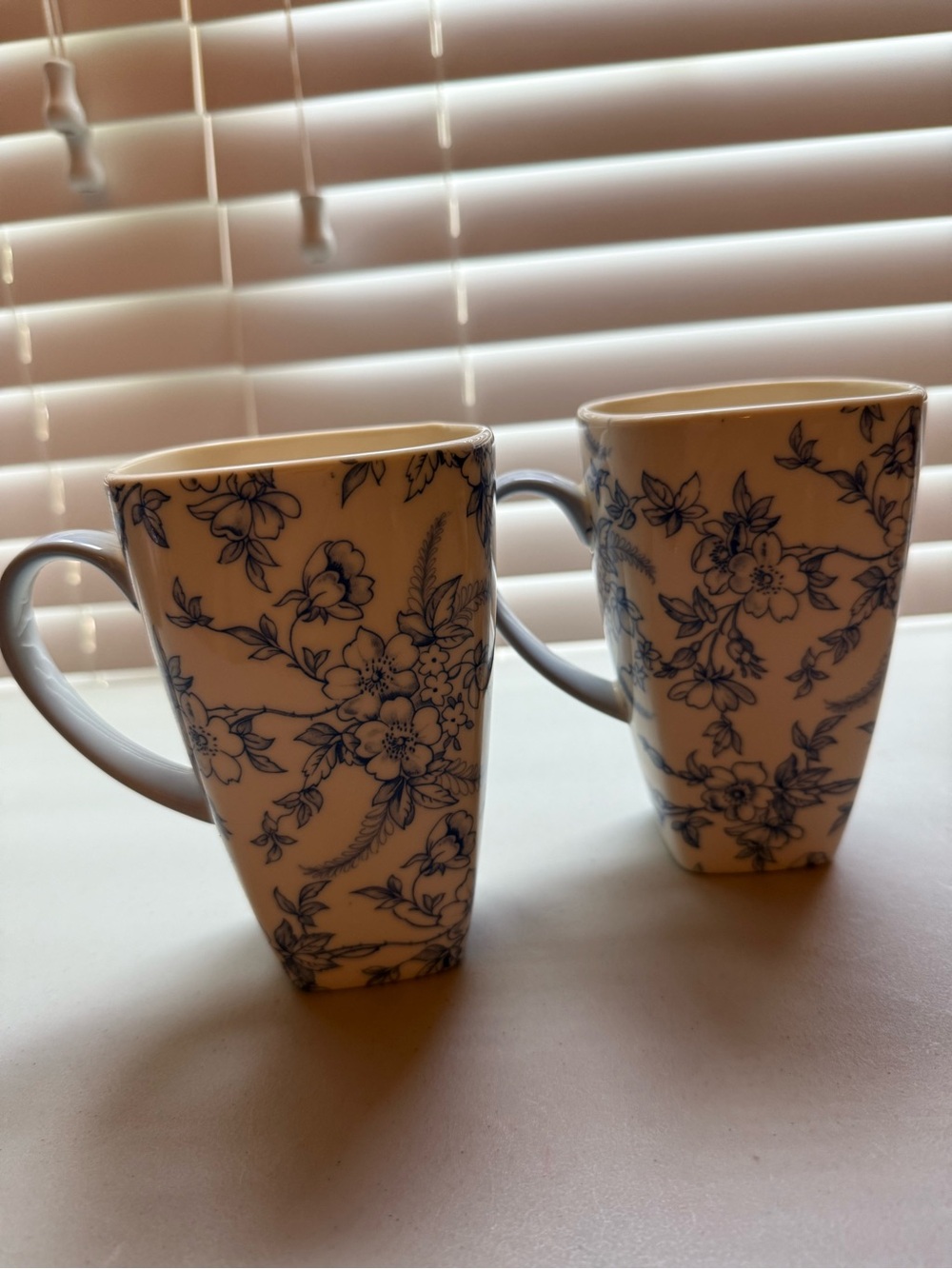 Source Unknown White Porcelain Mugs with Blue Floral Pattern - Set of 2
